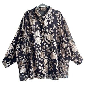 Sheer Brown Button Down Blouse Velour Flowers Whimsigoth Romantic Fairy 3XL 4XL